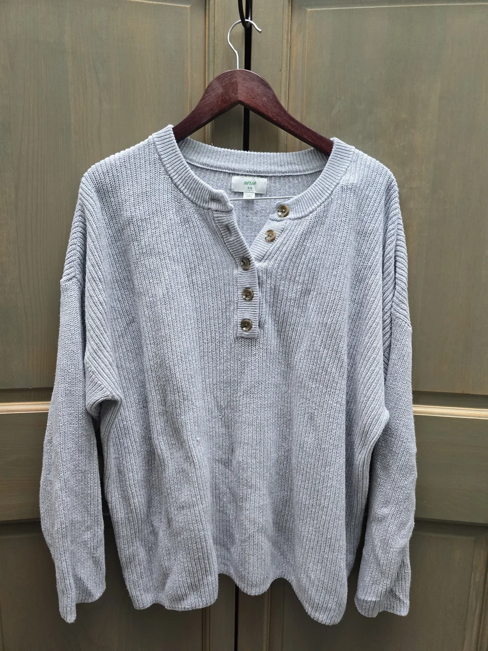 American Eagle Outfitters Light Gray Ribbed Henley Sweater - Picture 1 of 3
